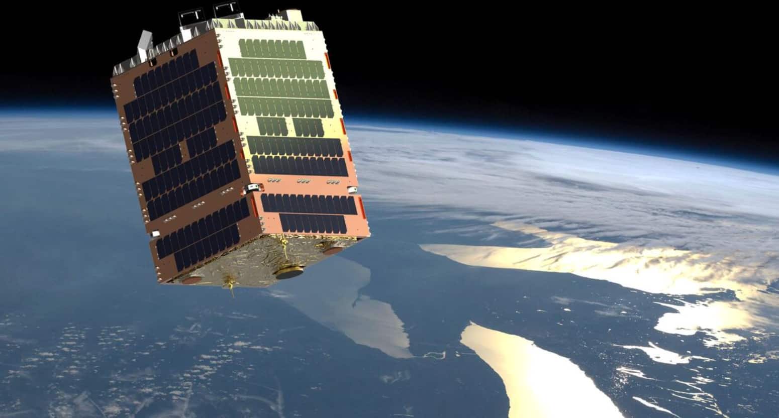 A large satellite looms over the Earth in space. 